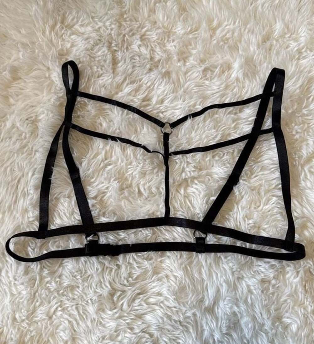 Black Strappy Cage Harness Bra with O-Ring Detail